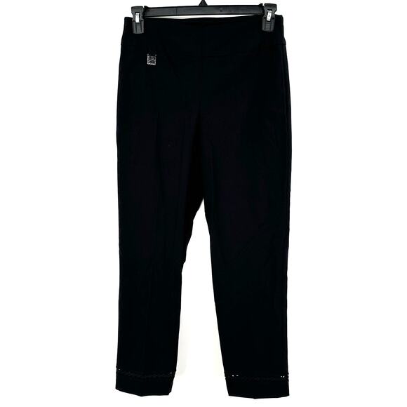 Joseph Ribkoff Size 10 Pull On Pants Black‎ Embroidered Cuffs Casual Comfortable - Picture 1 of 5